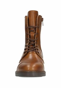 Brown leather ankle boot with laces and side zipper. Rounded toe, smooth texture, and contrasting brown sole. Features a classic design.