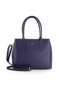 Marineblaue Lederhandtasche mit doppelten Obergriffen und einem abnehmbaren Schultergurt. Mit goldfarbenem Logodesign. Glatte Textur und strukturierte Form.