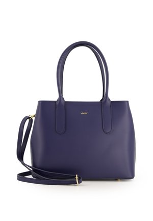 Marineblaue Lederhandtasche mit doppelten Obergriffen und einem abnehmbaren Schultergurt. Mit goldfarbenem Logodesign. Glatte Textur und strukturierte Form.