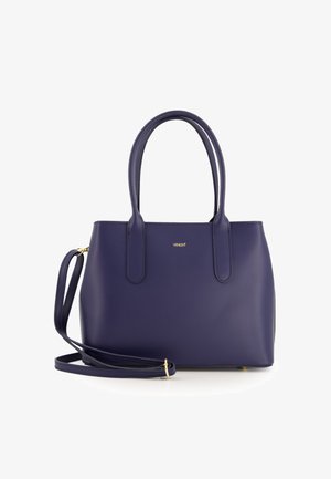 Navy leather handbag with dual top handles and a detachable shoulder strap. Features gold logo detailing. Smooth texture and structured shape.