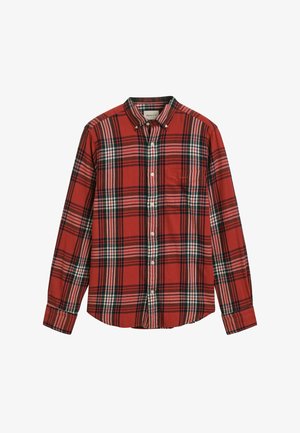 Rode geruite blouse met een button-down kraag, met zwarte, witte en groene ruitpatronen. Lange mouwen en een borstzak.