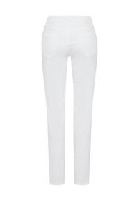 White jeans featuring a slim fit, five-pocket design, and a mid-rise waist. Simple stitching and no visible patterns or embellishments.