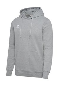 Szürke kapucnis pulóver puha anyagból, elöl zsebbel, húzózsinórokkal és a mellkason kis hímzett logóval. Klasszikus fazon.