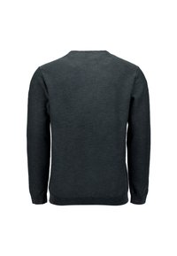 Donkergrijze trui met lange mouwen, voorzien van een ronde halslijn en geribbelde boorden. De stof heeft een gestructureerde, gemêleerde afwerking.