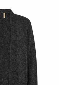 Donkergrijze cardigan van tricotmateriaal. Heeft een open voorkant zonder sluitingen en ribbelstructuur langs de randen.