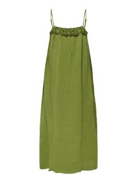 Robe longue vert olive à fines bretelles avec bord supérieur à volants et tissu texturé.