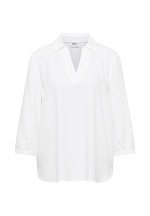 Weiße Bluse mit langen Ärmeln, V-Ausschnitt, Kragen und leicht gerafften Manschetten, auf einem schlichten Hintergrund präsentiert.