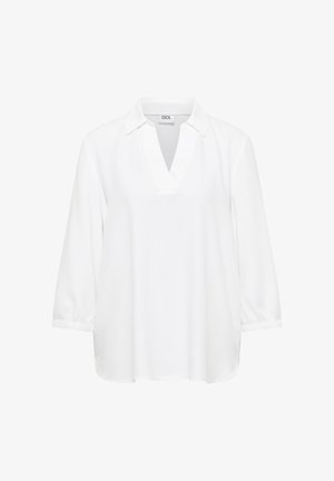 Weiße Bluse mit langen Ärmeln, V-Ausschnitt, Kragen und leicht gerafften Manschetten, auf einem schlichten Hintergrund präsentiert.