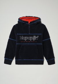 Námořnická fleecová mikina s kapucí, která má modrou podšívku, přední zip do poloviny, červenou podšívku a přední kapsu, s logem "Napapijri" přes hruď.