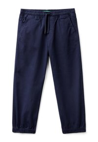 Marineblauwe casual broek met elastische tailleband, trekkoord, zakken opzij en elastische manchetten bij de enkels.