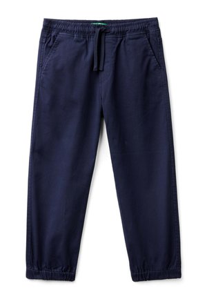 Marineblauwe casual broek met elastische tailleband, trekkoord, zakken opzij en elastische manchetten bij de enkels.