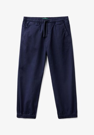 Marineblauwe casual broek met elastische tailleband, trekkoord, zakken opzij en elastische manchetten bij de enkels.