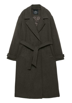 Donkergroene overjas van een wollen mix met een tailleband, oversized kraag en omgeslagen mouwen. Voorzien van een gevoerde binnenkant voor extra warmte.