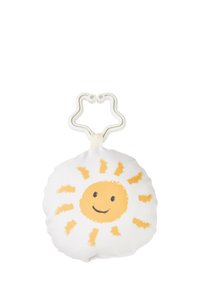 Soft fabric sun-shaped toy in white with orange rays and a smiling face; features a star-shaped white plastic clip for attachment.