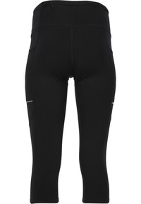 Leggings capri de sport noirs avec une texture lisse, dotés d'une taille haute, de panneaux latéraux en mesh et d'une petite poche zippée à l'arrière.