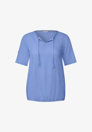 Haut bleu clair à manches courtes avec un décolleté en V et un accent à cordon. Fabriqué en matériau texturé avec une coupe décontractée et un ourlet froncé.