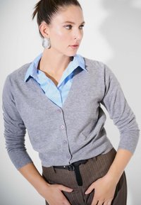 Cardigan grigio a maglia con scollo a V e bottoni viola, abbinato a una camicia color azzurro chiaro con colletto. Modello che indossa pantaloni scuri a righe sottili.