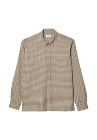 Bruine en crèmekleurige geruite overhemd met lange mouwen, met button-down kraag, voorzak met zak en groen logo op de linkermouw.