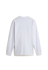 Pitkähihainen valkoinen puuvillapaita, jossa on pyöreä kaula-aukko ja ribbauskudokset; sileä kangas ja yksinkertainen muotoilu, ilman graafisia kuvastoja tai koristeita.