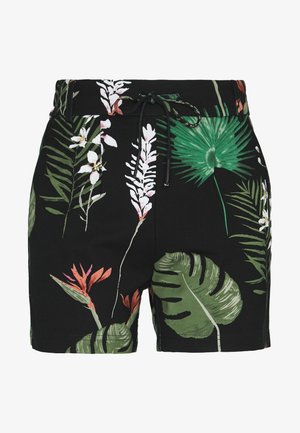 Černé šortky s tropickým listovým a květinovým potiskem v zelené, růžové a oranžové barvě. S pružným pasem na šňůrku a uvolněným střihem.