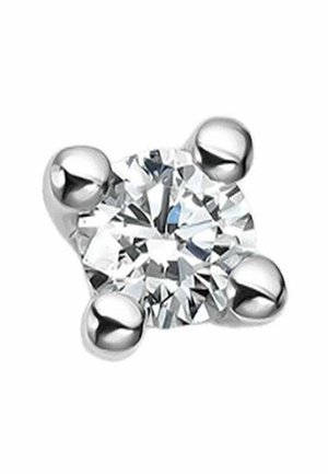 Piedra preciosa redonda con cuatro garras esféricas de plata. Superficie clara y reflectante con alto brillo, montada en una base de metal pulido.