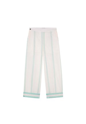 Pantalones de pierna ancha blancos con rayas en color teal y un patrón en zigzag en el dobladillo. Elaborados con un tejido ligero y de textura suave.