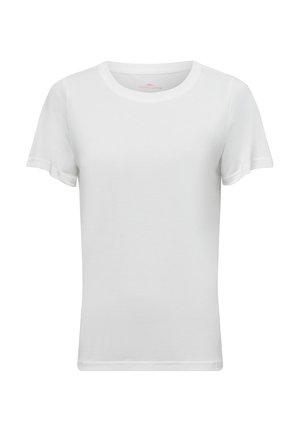 Weißes T-Shirt mit kurzen Ärmeln aus weicher Baumwolle. Hat einen runden Ausschnitt und eine figurbetonte Passform mit umgeschlagenen Säumen. Glatte, einfarbige Textur.