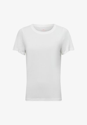 White short-sleeve t-shirt made of soft cotton. Features a round neckline and a fitted shape with rolled hems. Smooth, plain texture.