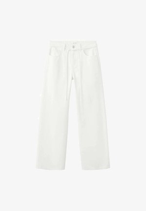 Leveälahkeiset valkoiset farkut, joissa on etutaskut, vyölenkit, nappisuljin ja kiristysnauhavyötärö.