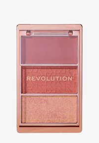 Tre-seksjons blush-palett med gjennomsiktig topp. Inneholder en matt mauve, en teksturert roserosa og en shimmer-peachfarget highlighter. Gulltekst på rosa.