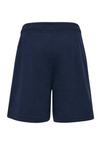 Marina blå shorts med elastisk midja, tillverkade av mjukt bomullsmaterial. Har en enkel design utan synliga fickor eller mönster.