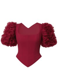 Bordeauxfarvet bluse med tætsiddende krop, firkantet udskæring og overdimensionerede flæsekantede meshlærreærmer. Glat tekstur med strukturerede syninger.