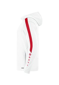 Felpa bianca con una striscia laterale rossa e dettagli in rosso. Presenta una texture liscia, cappuccio e una tasca con zip. Dettagli a pois rossi sulla manica.