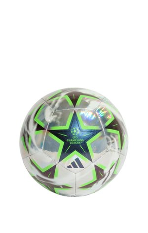 Sølv UEFA Champions League fodbold med grønne stjernemønstre og Adidas-logo på hvid baggrund.