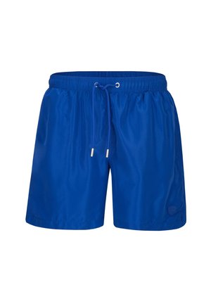 Blaue Shorts mit elastischem Bund, verstellbarem Kordelzug mit Metallenden, glattem Stoff und dezentem Logo-Patch am unteren rechten Bein.