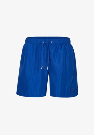 Short bleu à taille élastique avec cordon réglable et embouts métalliques, tissu lisse, et patch logo discret sur la partie inférieure droite de la jambe.