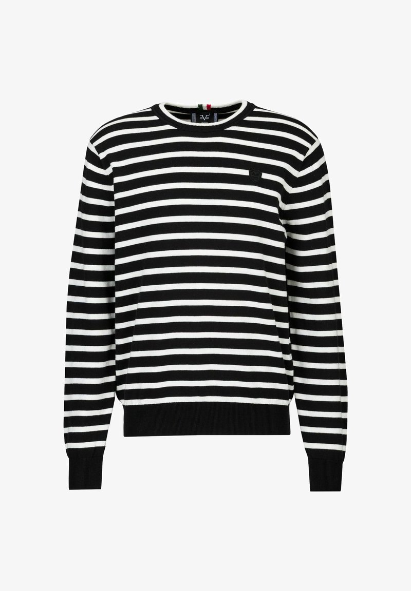 Gestreifter Pullover in Schwarz und Weiß mit langen Ärmeln, rundem Ausschnitt, gerippten Bündchen und Saum, versehen mit einem kleinen schwarzen Logoaufnäher auf der Brust.