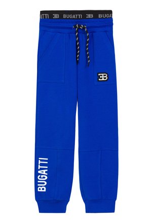 Blue jogger pants with elastic waistband labeled "BUGATTI," drawstring, front pockets, logo patch on thigh, and "BUGATTI" text on one leg.