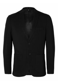 Črn blazer iz gladkega blaga, ki ima spredaj dva gumba, zarezane reverje in dve sprednji žepi, z elegantnim in minimalističnim dizajnom.