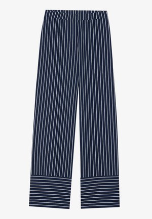 Marineblaue weit geschnittene Hosen mit vertikalen weißen Streifen, ausgestattet mit einem elastischen Bund und horizontalen gestreiften Akzenten am unteren Ende der Beine.