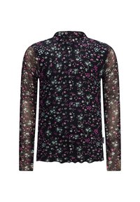 Schwarze Bluse mit langen Ärmeln und floralem Muster in verschiedenen Rosa-, Blau- und Grüntönen, mit einem hohen Kragen und durchsichtigen Ärmeln. Wellenförmiger Saum.