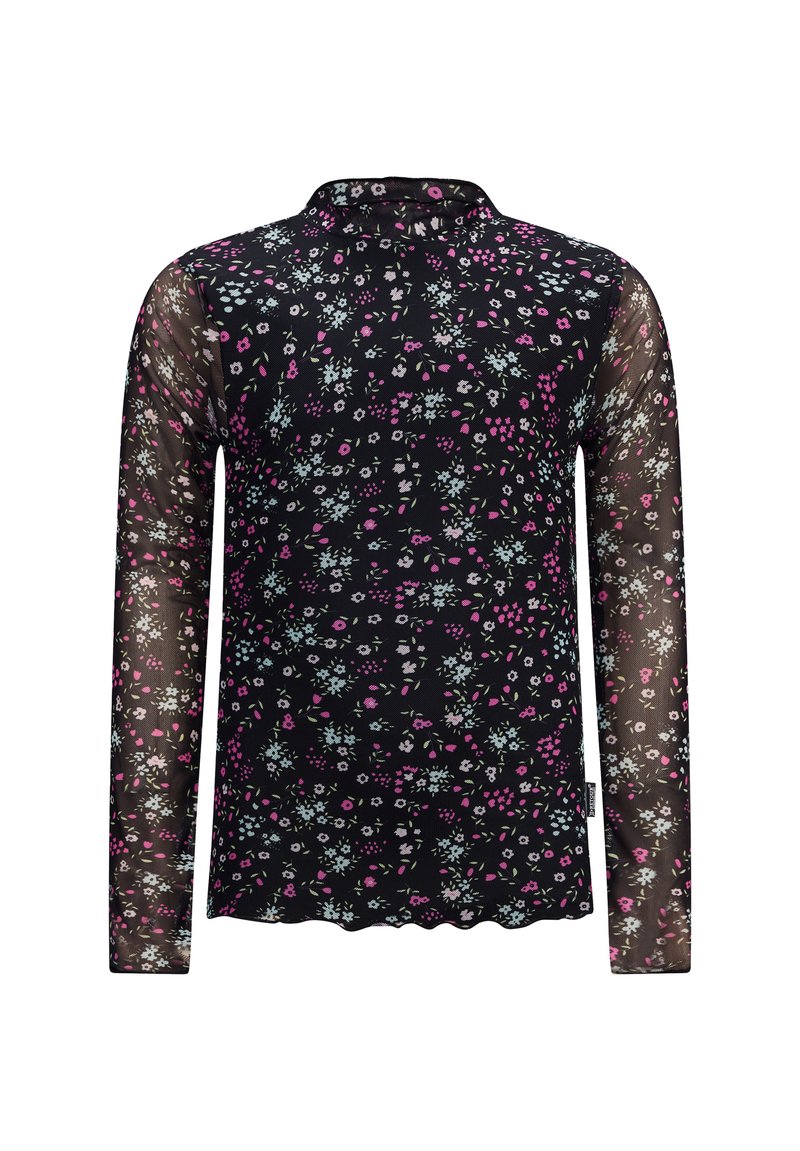 Schwarze Bluse mit langen Ärmeln und floralem Muster in verschiedenen Rosa-, Blau- und Grüntönen, mit einem hohen Kragen und durchsichtigen Ärmeln. Wellenförmiger Saum.