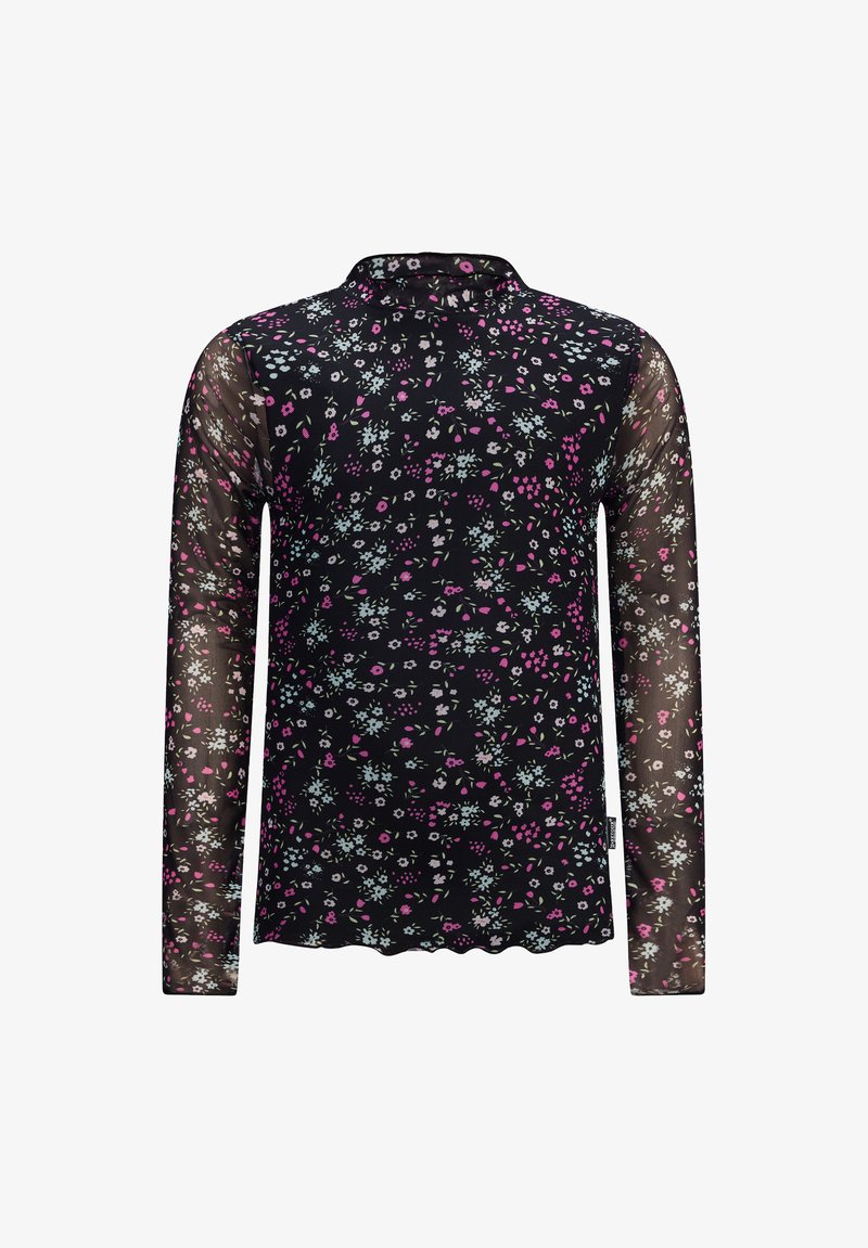 Schwarze Bluse mit langen Ärmeln und floralem Muster in verschiedenen Rosa-, Blau- und Grüntönen, mit einem hohen Kragen und durchsichtigen Ärmeln. Wellenförmiger Saum.