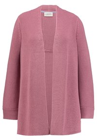 Cardigan rosa lavorato a maglia con apertura frontale, maniche a tre quarti e motivo strutturato. Presenta una vestibilità rilassata e dettagli a coste.