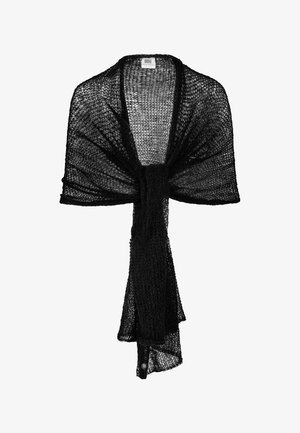 Czarny, otwarty szal z luźnym splotem, przerzucony i związany z przodu, z widoczną białą metką marki przy kołnierzu.