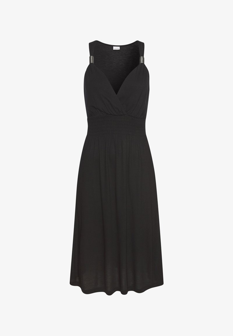 Čierne šatôčky bez rukávov s výstrihom do V, smockovaným pásom a nastaviteľnými ramienkami s kovovými detailmi. Jemná, voľná látka.