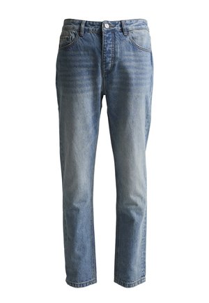 Straight-leg blå denimjeans med frontlommer, beltehemper, knapp og glidelåslukking.