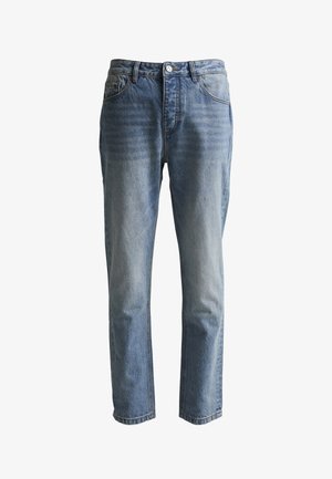 Blauwe spijkerbroek met rechte pijpen, voorzakken, riemlussen, een knoop en ritssluiting.