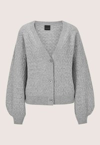 Lichtgrijs knopen cardigan met een textuur gebreid patroon, lange uitlopende mouwen, ribgebreide manchetten en zoom, en een V-halskraag.