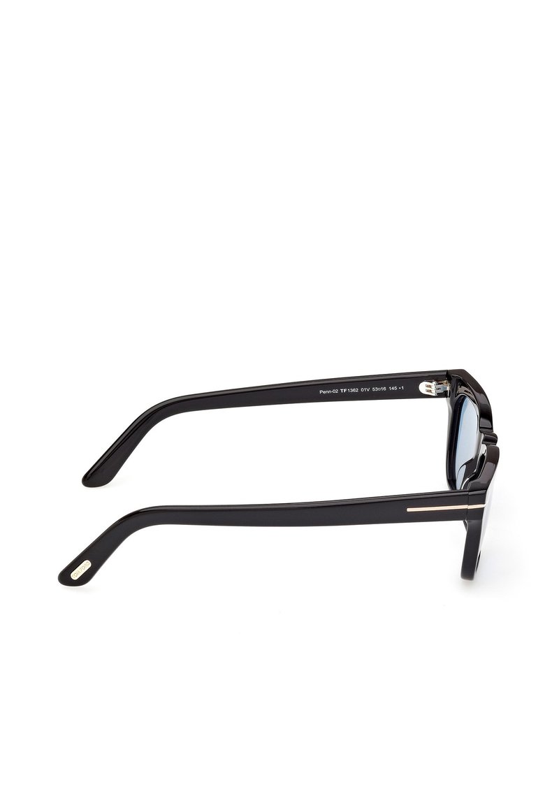 Zwarte zonnebril met een rechthoekig montuur, voorzien van een glanzende afwerking, dunne gouden accenten aan de zijkanten en donkere getinte lenzen.